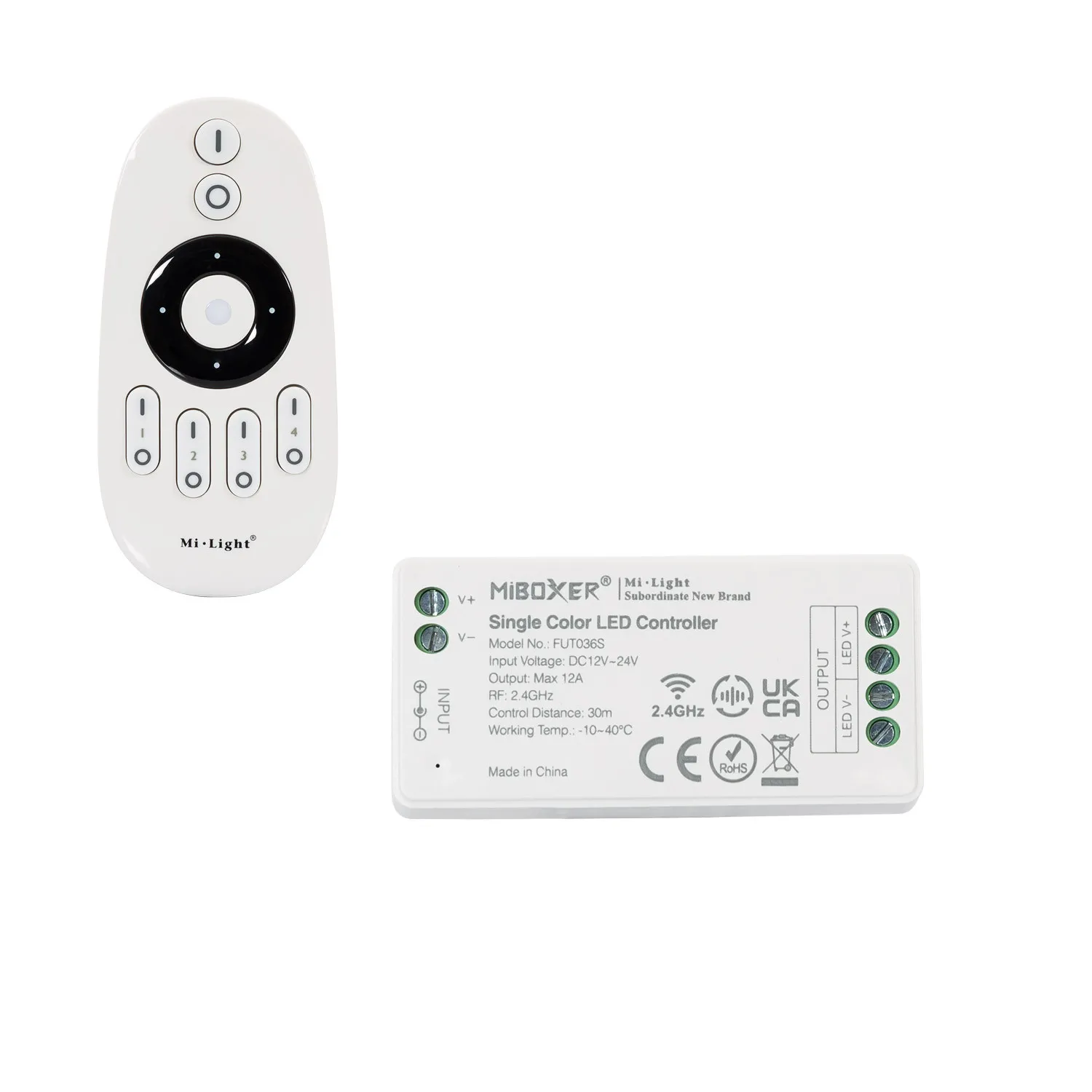 Controlador Regulador Monocolor 12/24V DC + Mando RF 4 Zonas MiBoxer