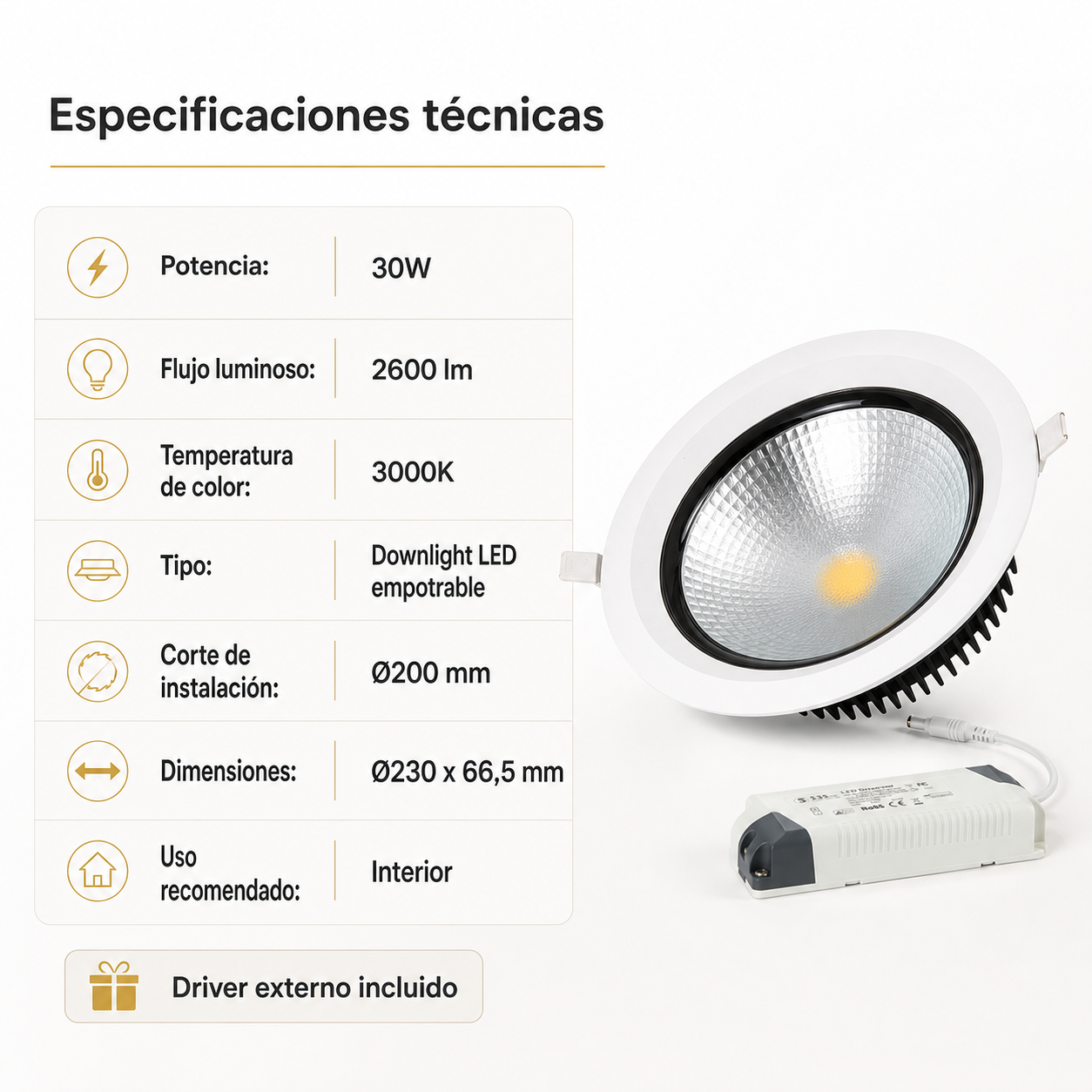 downlight led empotrable 30w 3000k 2600lm s3s guli corte200 (3)